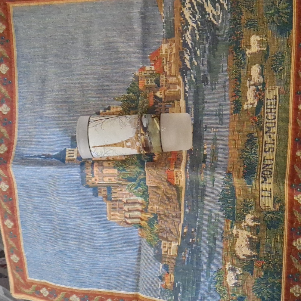 Le Mont St Michel French tapestry 13 inch by 13 inch.. & Shot Glass From France
